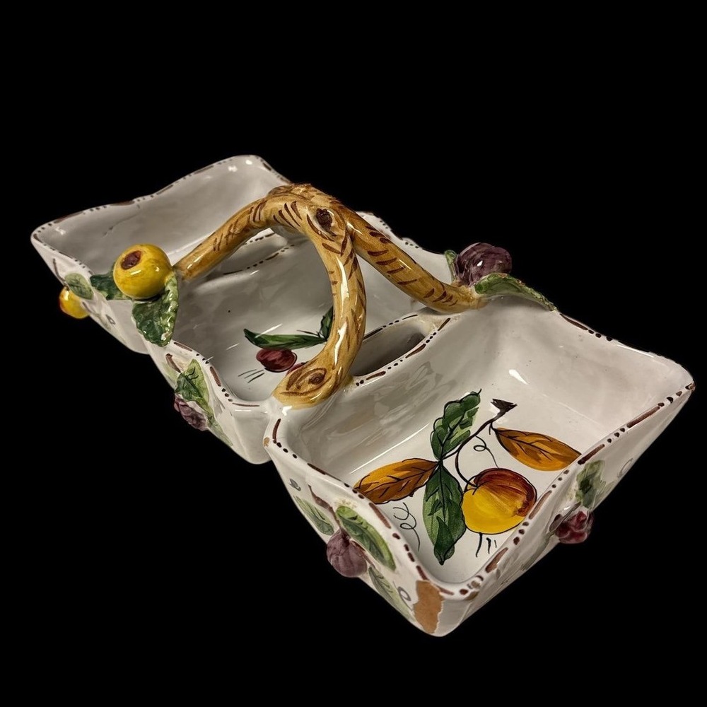Vintage Italian Ceramic 3-Part Relish Dish Divided Condiment Server Hand Painted
